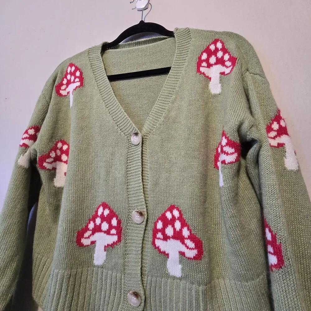 Mushroom Cropped Cardigan Womens LG Green Bohemian Cottage Goblin Woodsy Fairy - Picture 2 of 7